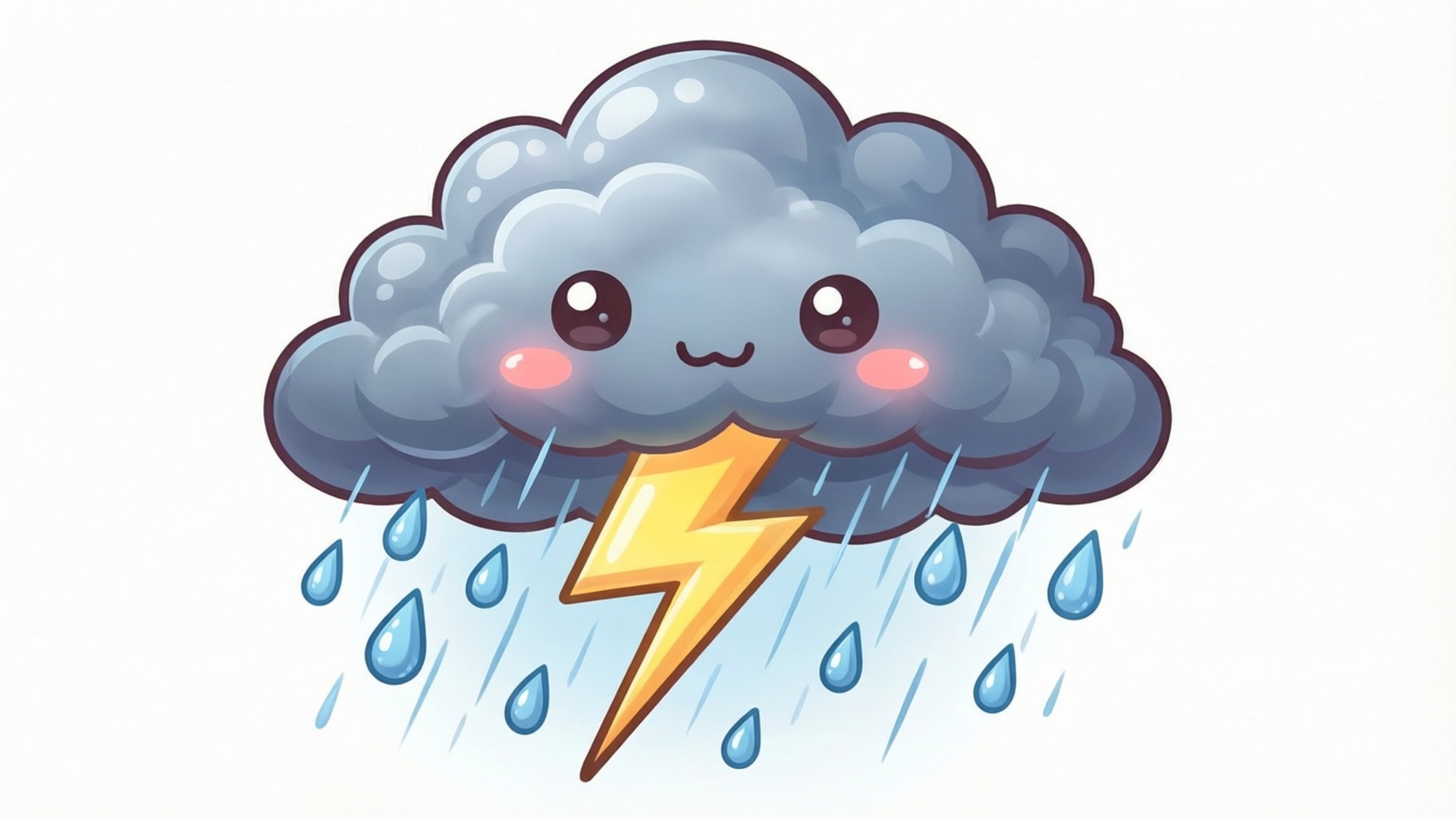 Kawaii cartoon lightning bolt from a storm cloud with raindrops.