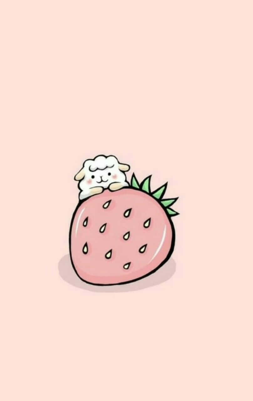 Cute Strawberry With Little Alpaca Cartoon Wallpaper