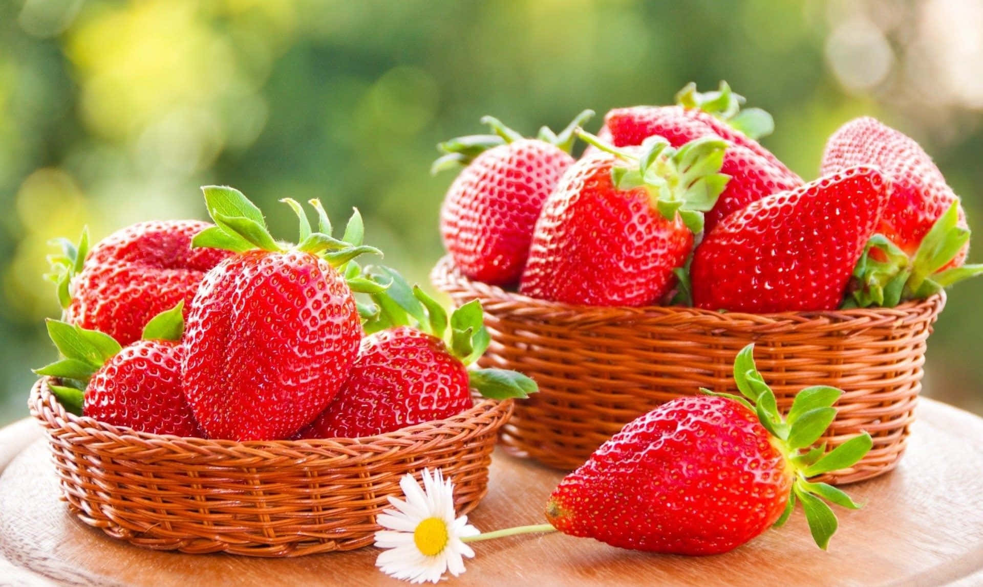 "Freshen up your day with a juicy, ripe strawberry!" Wallpaper