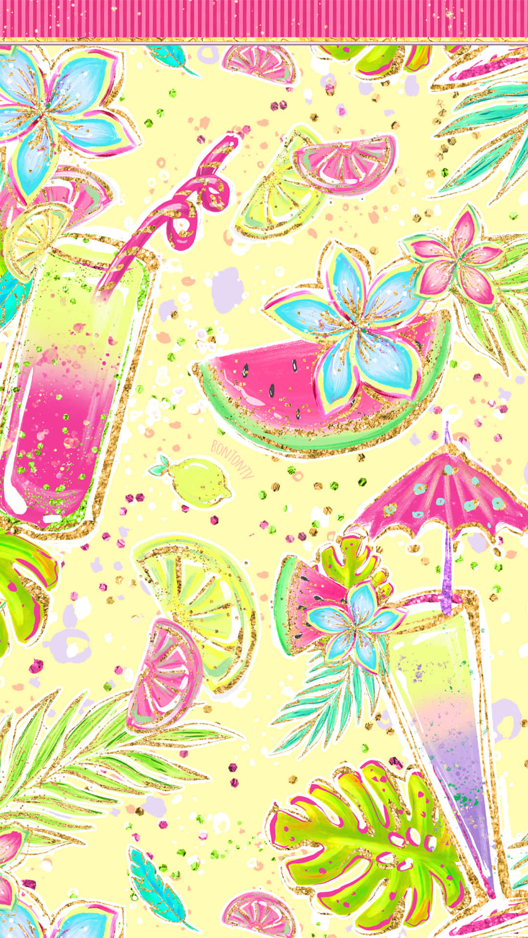 A Tropical Print With Tropical Flowers And Fruit Wallpaper