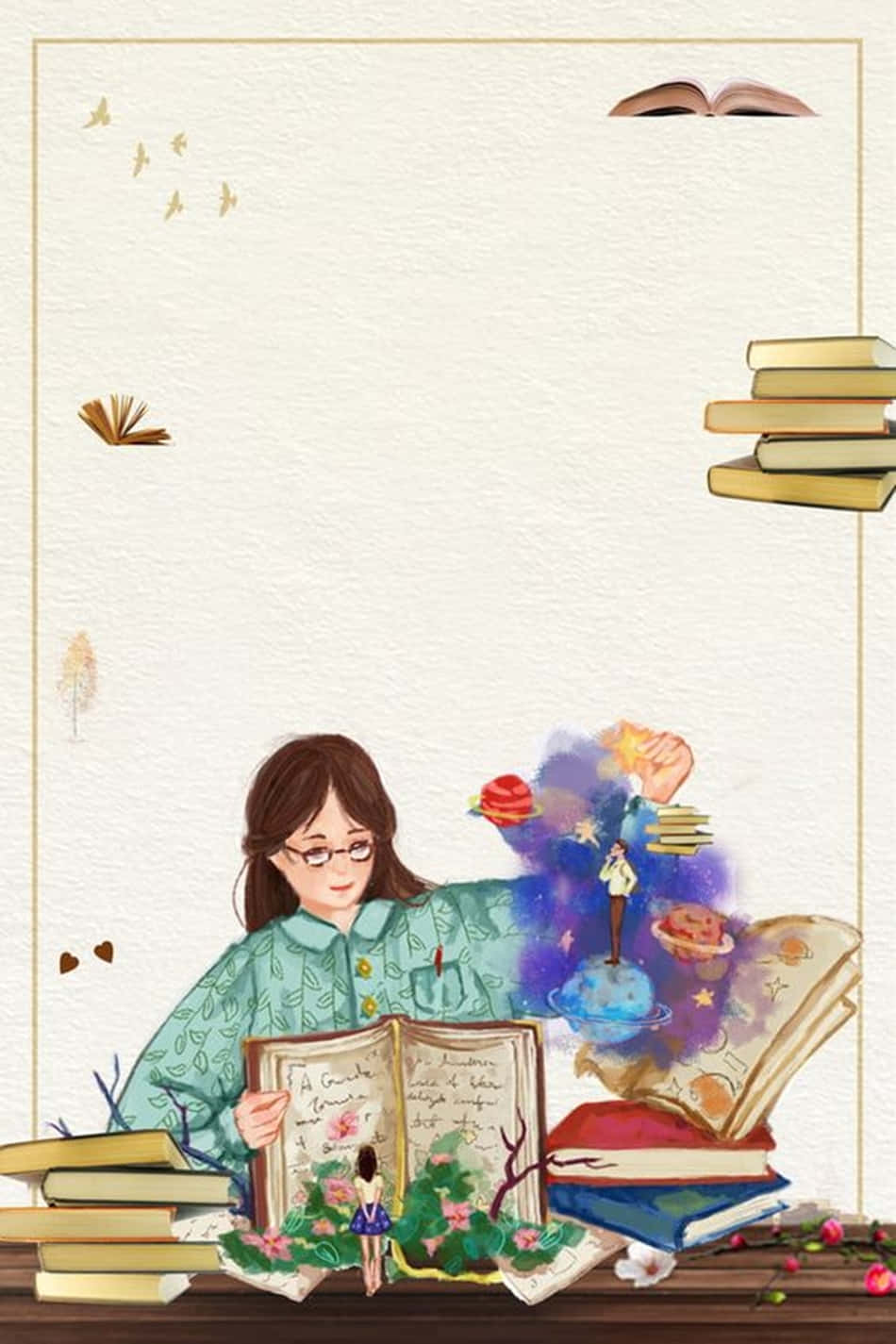 A Girl Is Reading A Book With Flowers And Butterflies Wallpaper