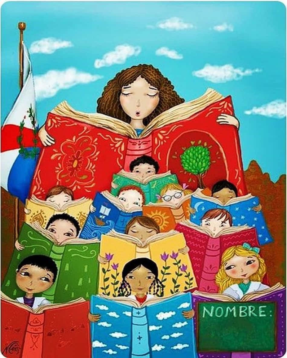 Undibujo Animado De Una Mujer Leyendo Libros A Los Niños Fondo de pantalla
