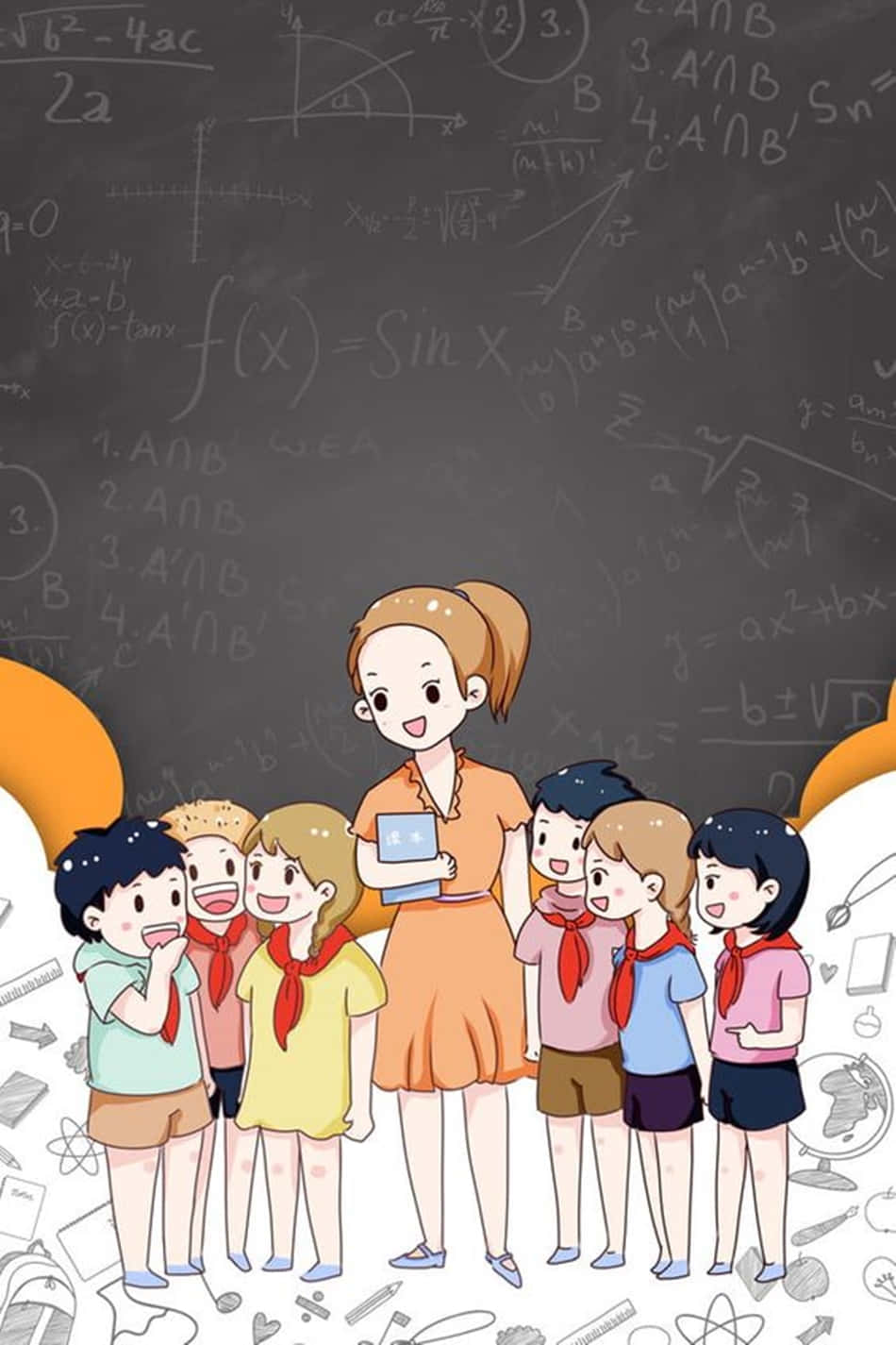 Cute Teacher With Students Wallpaper