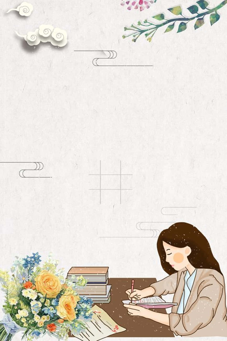 En kvinde sidder ved et skrivebord med blomster og en notesbog. Wallpaper