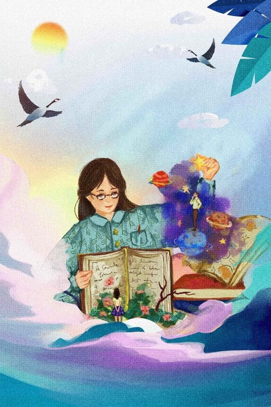 A Girl Is Reading A Book In The Sky Wallpaper