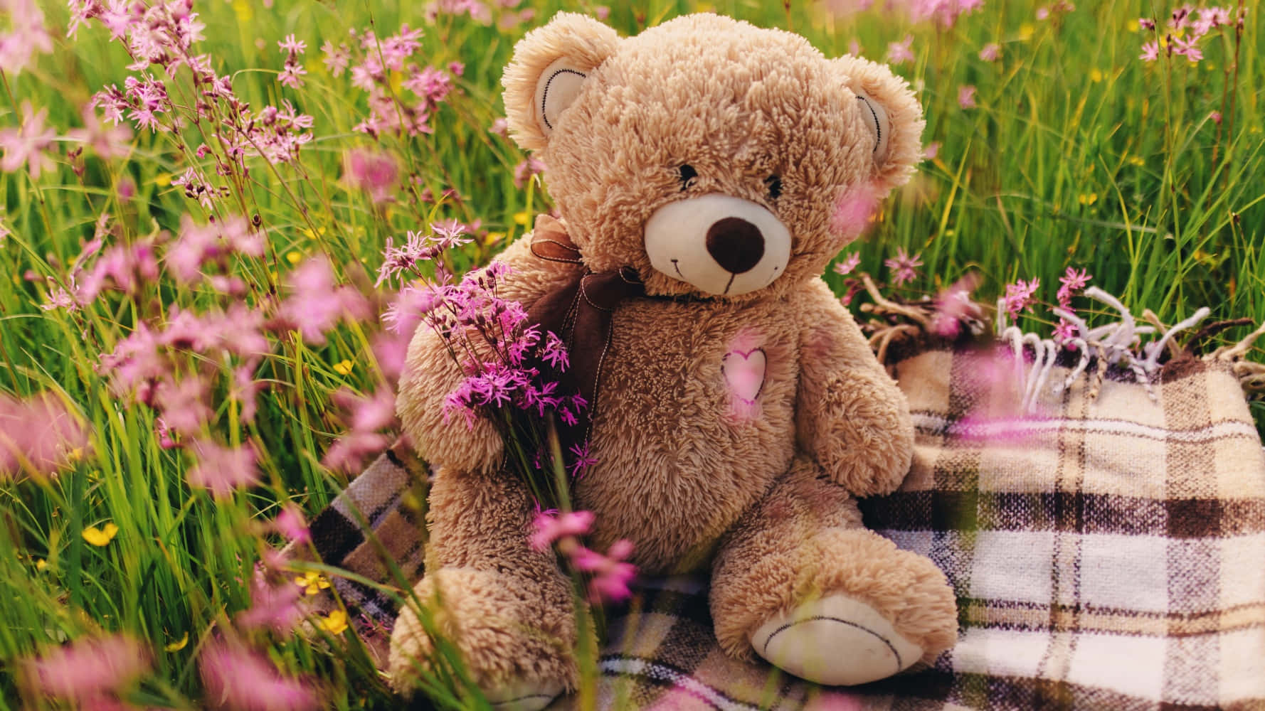 A Teddy Bear Sitting On A Blanket In A Field