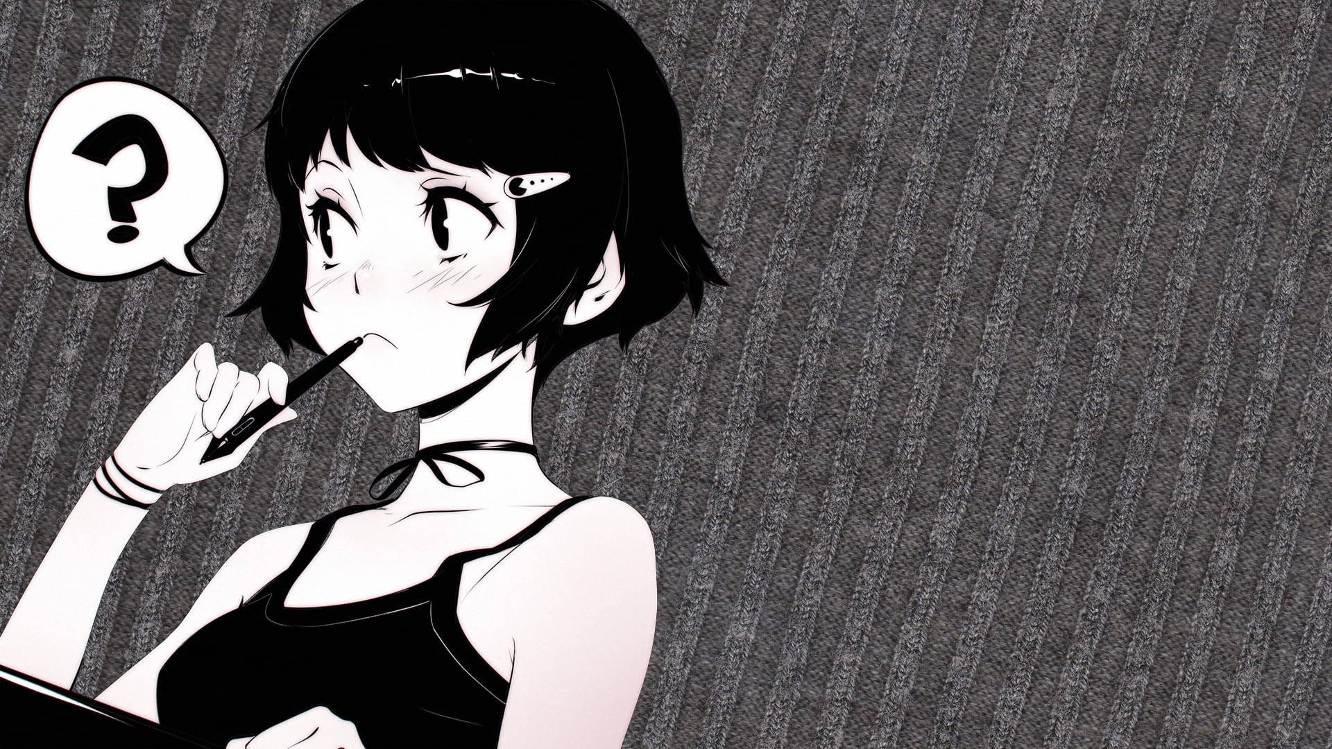 Cute Thinking Anime Girl Black And White PFP Wallpaper