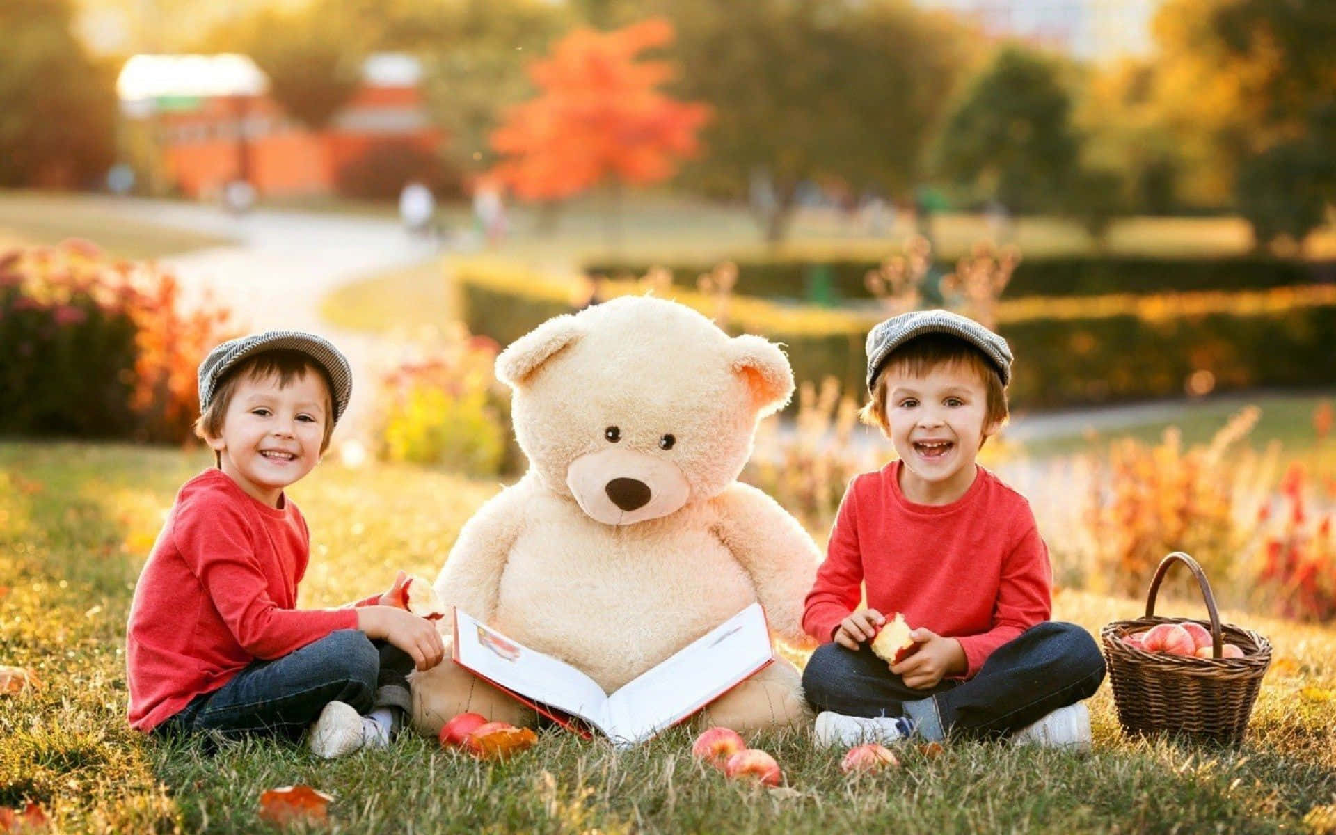 Adorable toddlers playing together outdoors Wallpaper