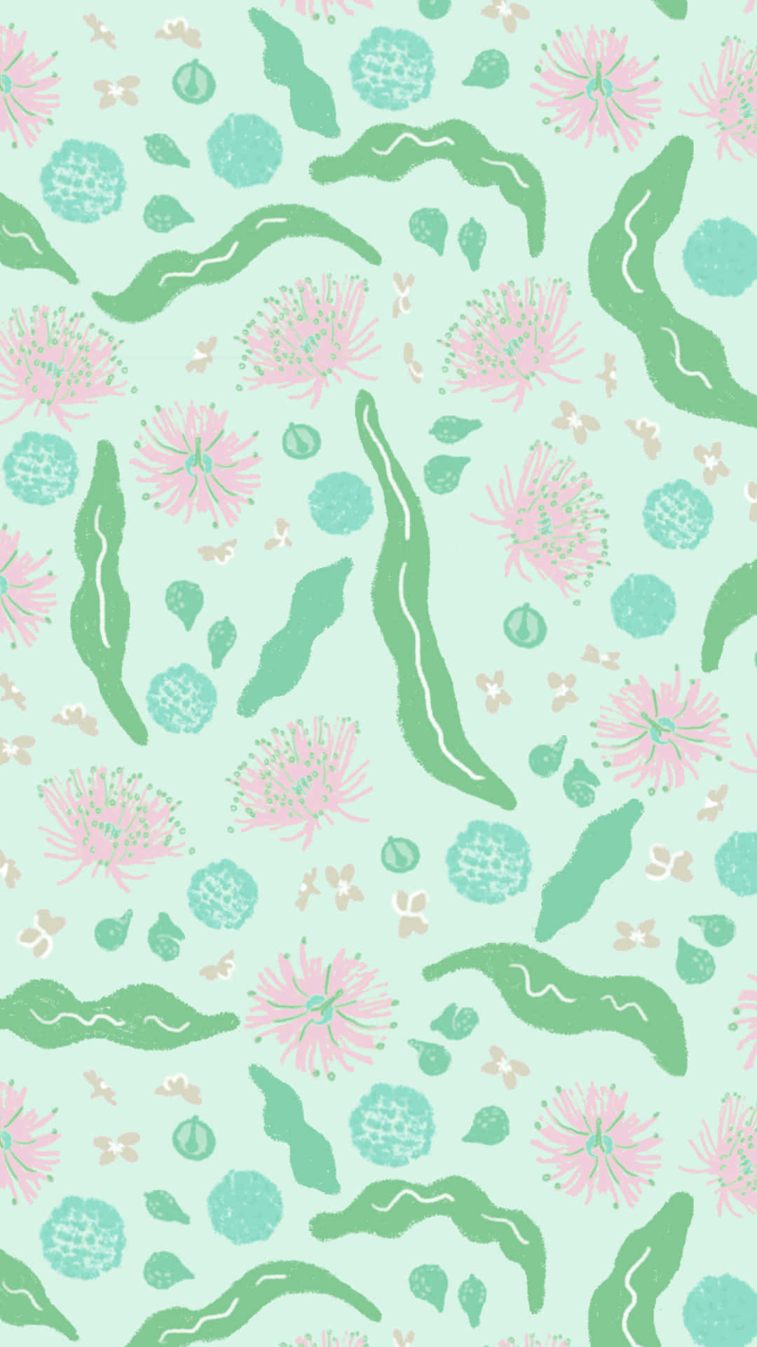 A Green And Pink Pattern With Water Lilies Wallpaper