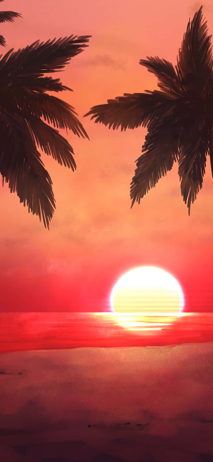 A Painting Of Palm Trees On A Beach With A Sunset Wallpaper