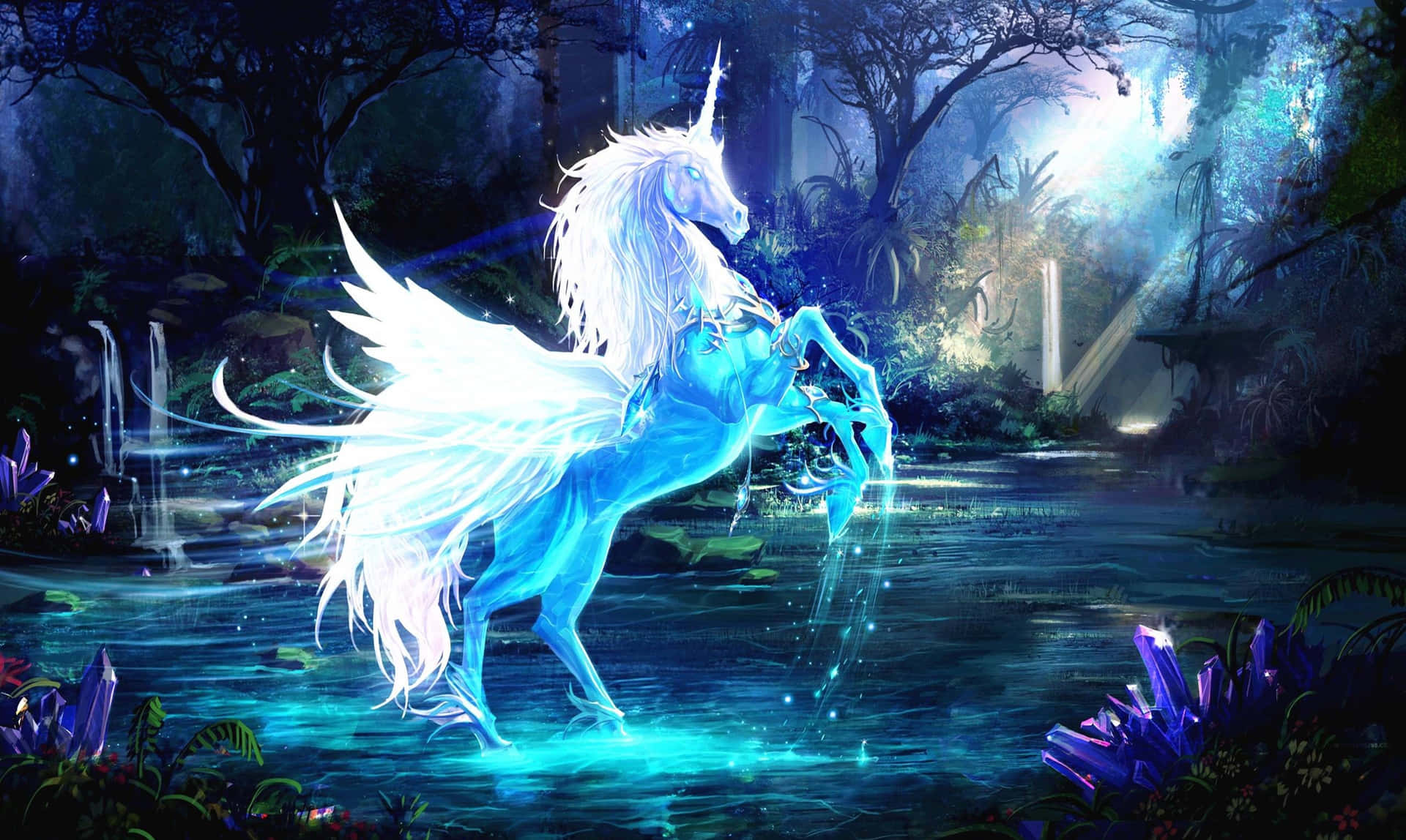Immaginidi Un Adorabile Unicorno Magico Nel Bosco Blu Neon