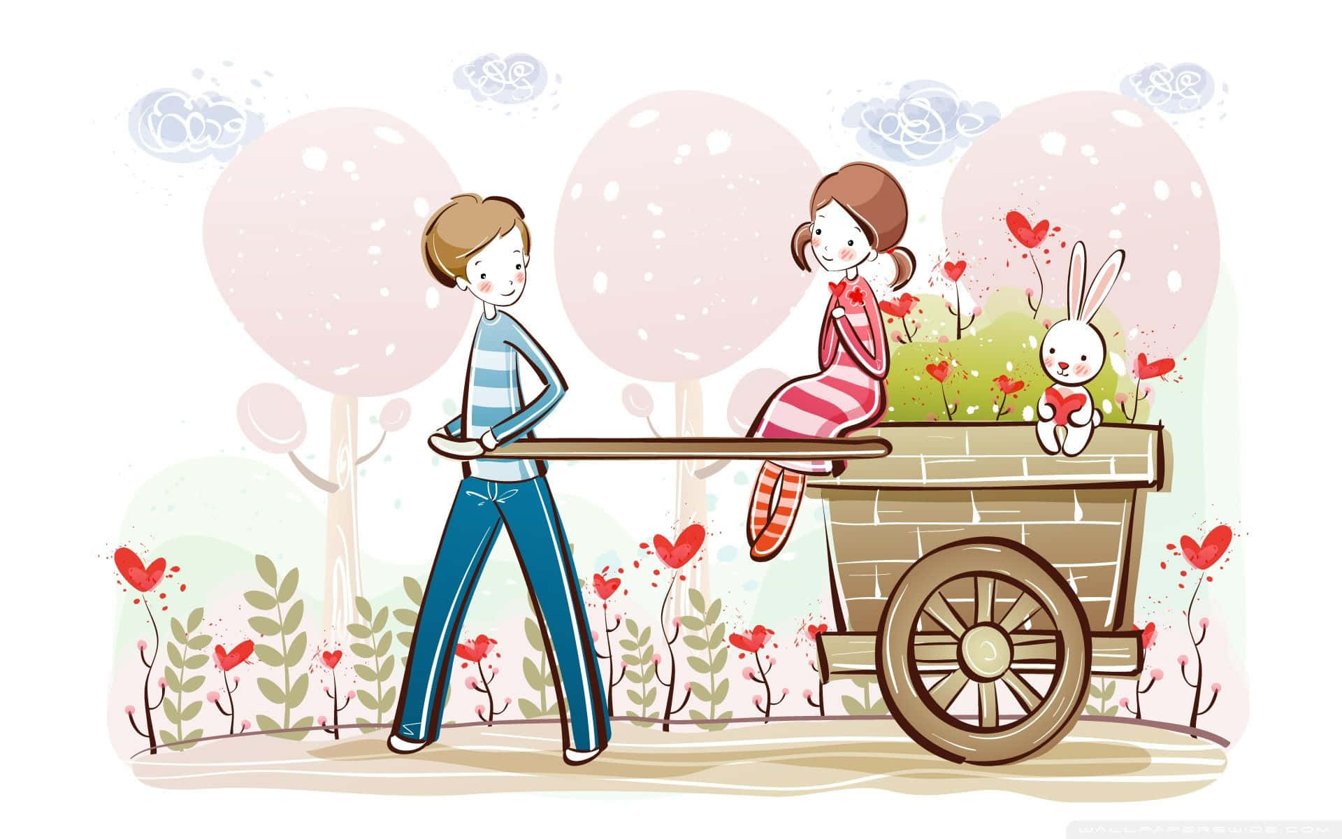 Einecartoon-illustration Eines Paares, Das Einen Karren Mit Blumen Zieht. Wallpaper