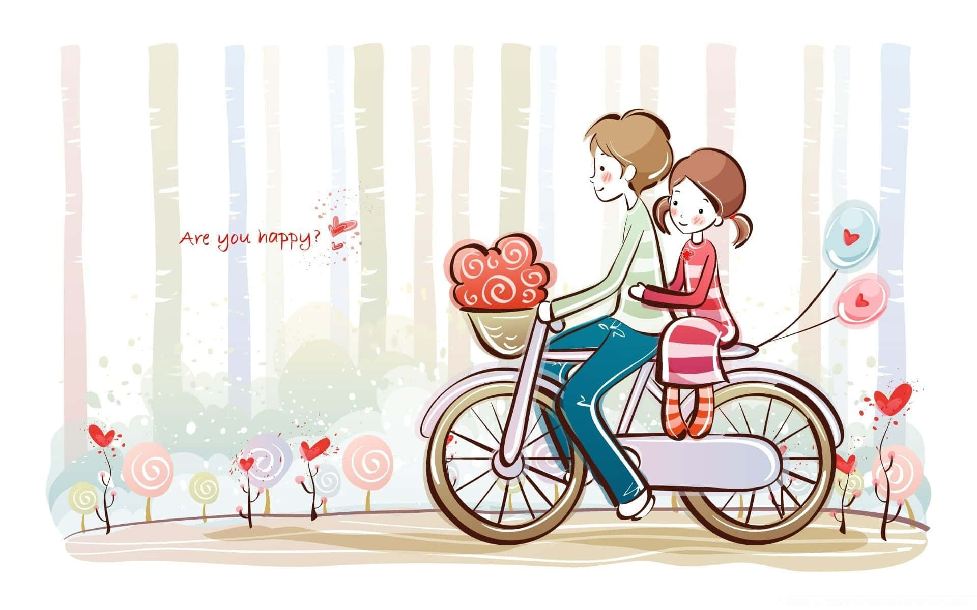 Unapareja De Dibujos Animados Montando En Bicicleta Con Corazones. Fondo de pantalla