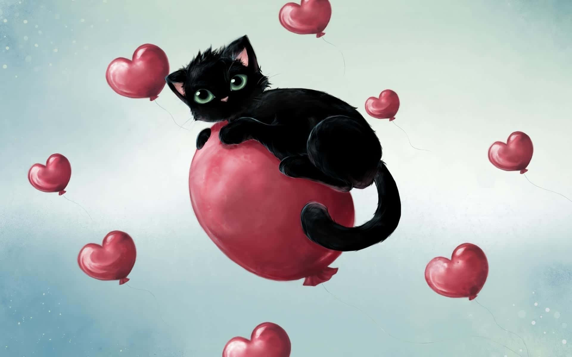A Black Cat Sitting On A Red Balloon With Hearts