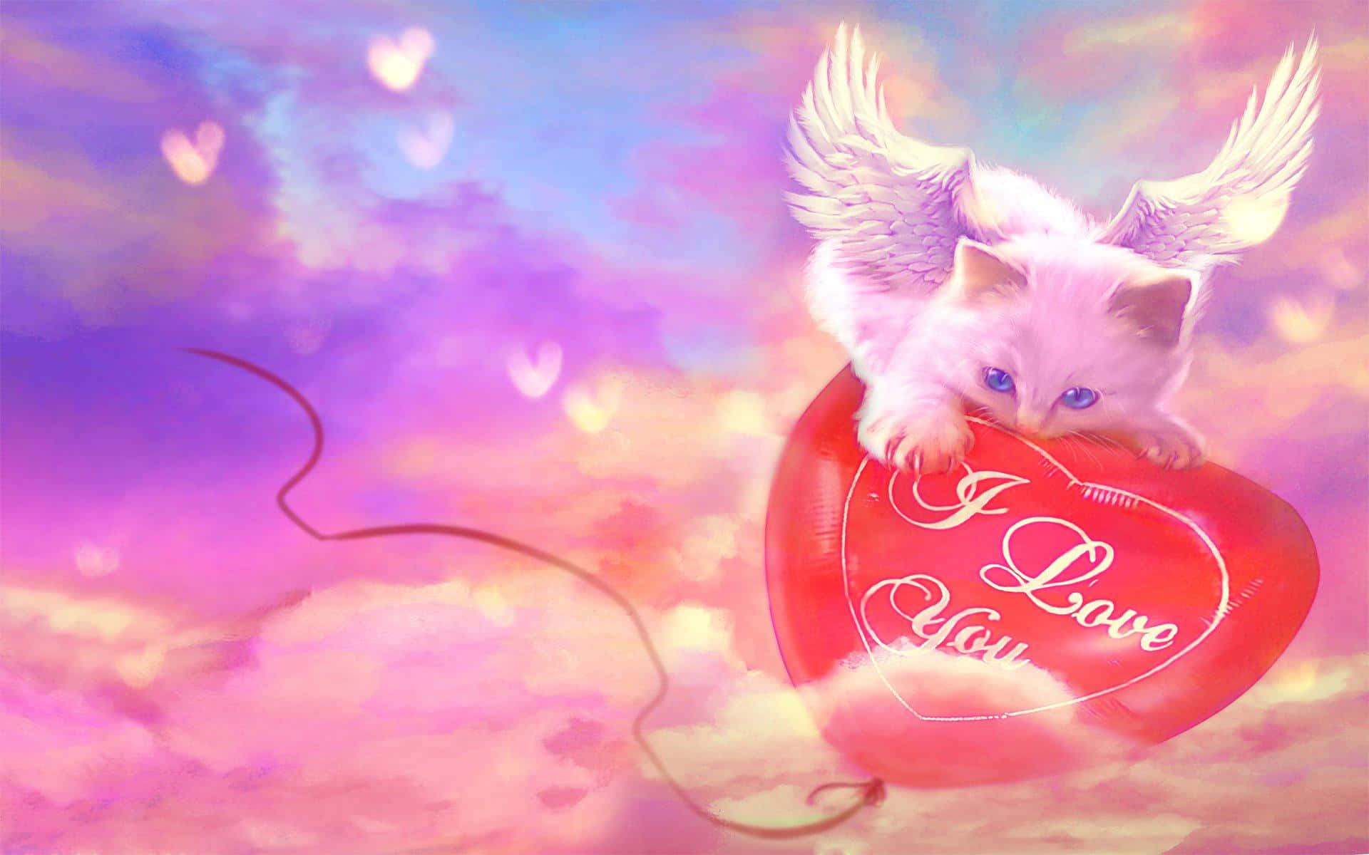 A Kitten With Wings Flying Over A Heart Shaped Balloon