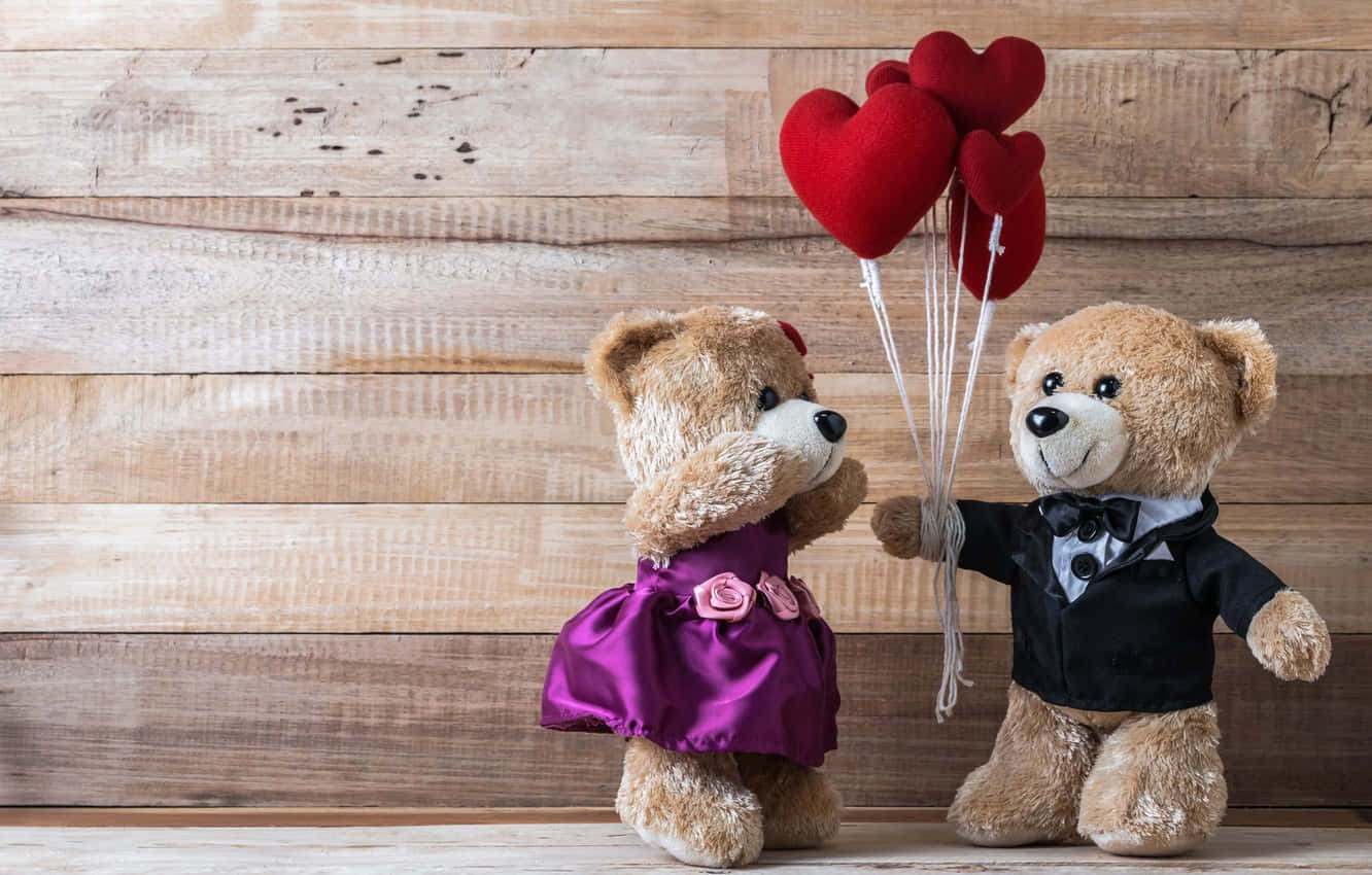 Sötaalla Hjärtans Dag-teddybjörnar Med Röda Hjärtformade Ballonger. Wallpaper