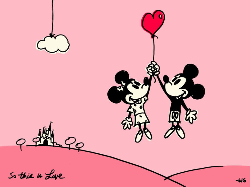 Sød Valentins Minnie Og Mickey Pink Digital Tegning. Wallpaper
