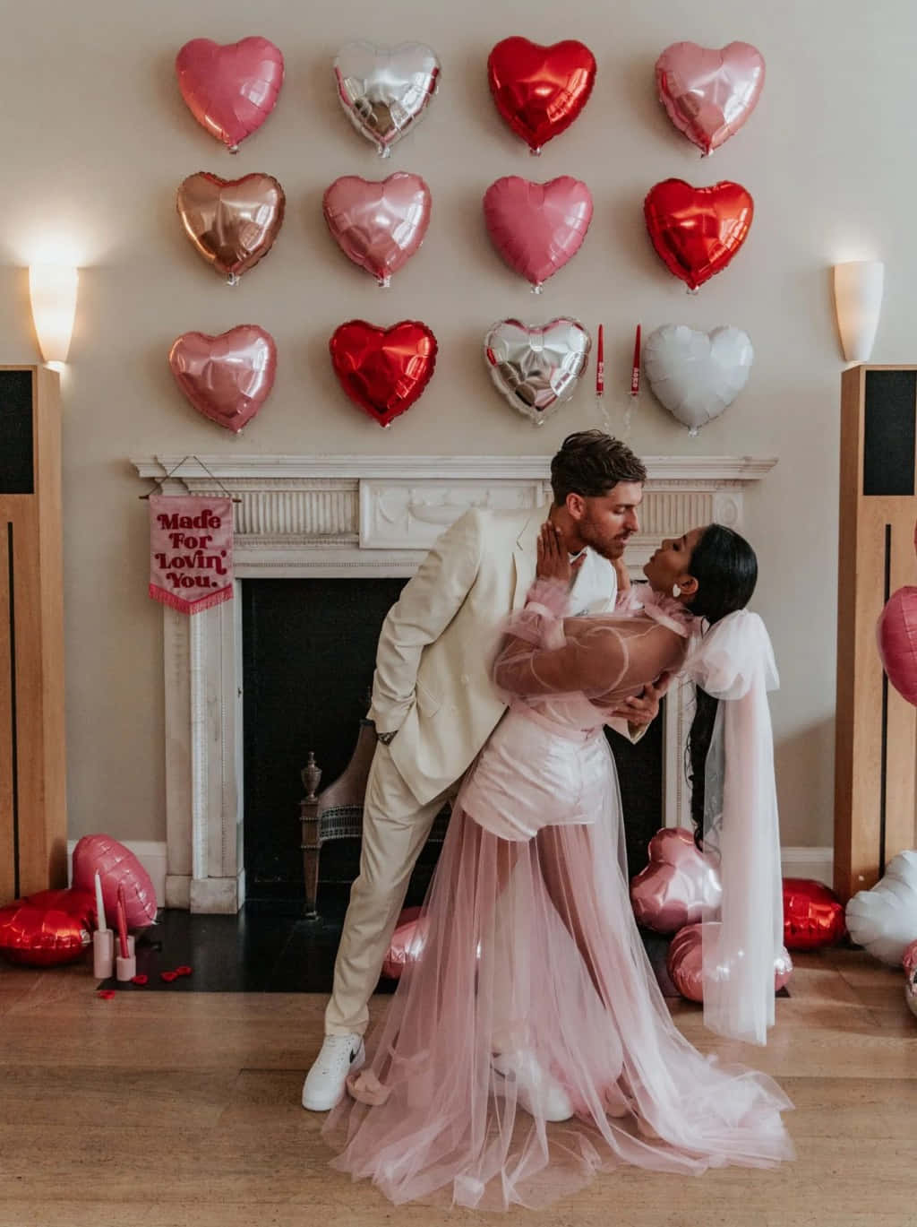 Sød Valentins hjerte balloner bryllup par billede 3D effekt tapet