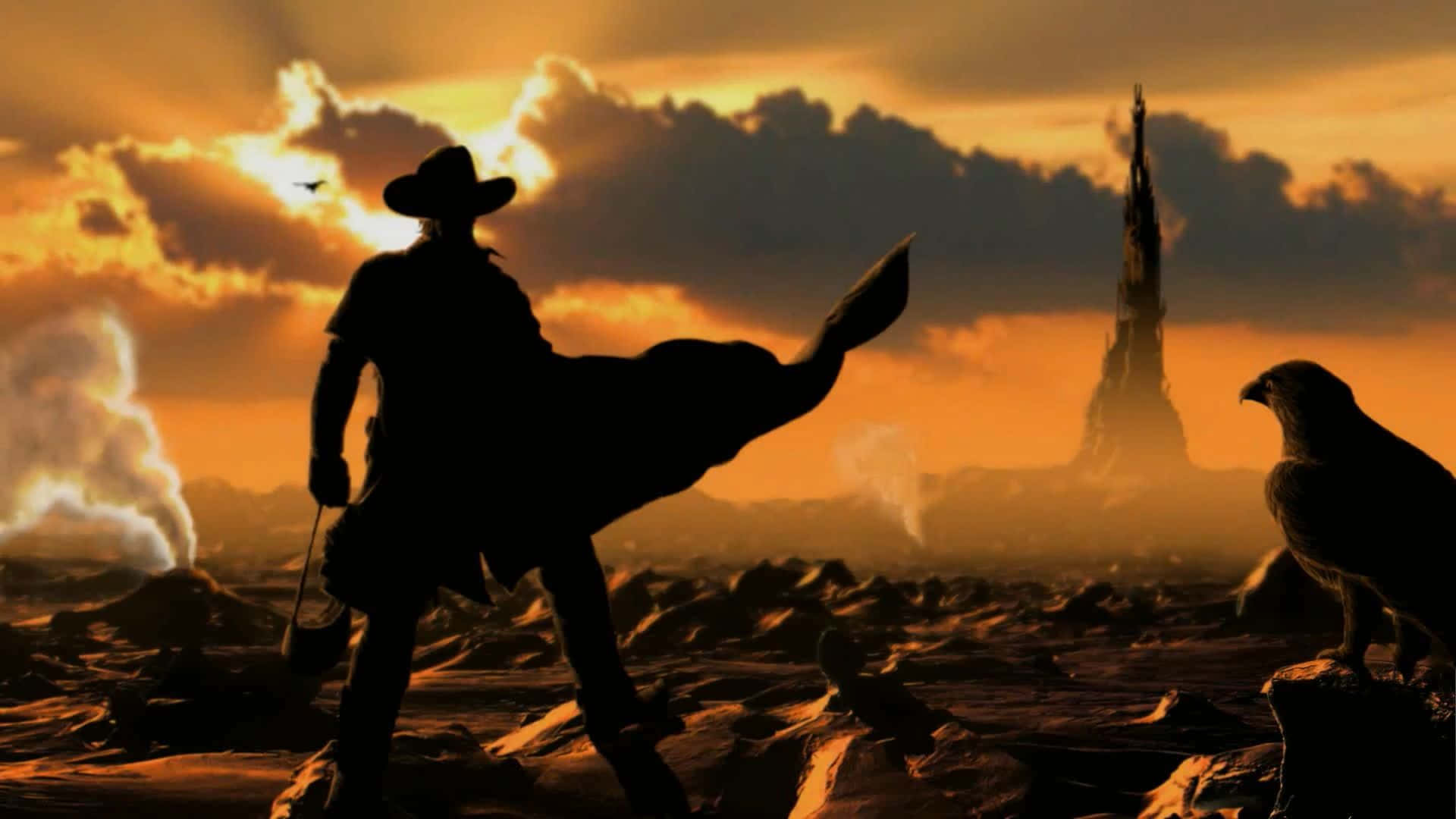 En mand i en cowboyhat står foran en tårn af høbal. Wallpaper