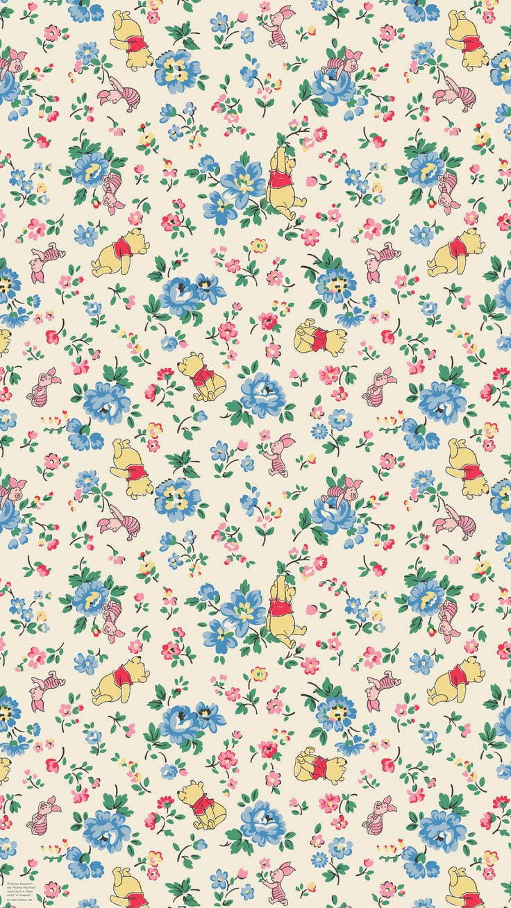 Cute Winnie The Pooh Floral Pattern Wallpaper