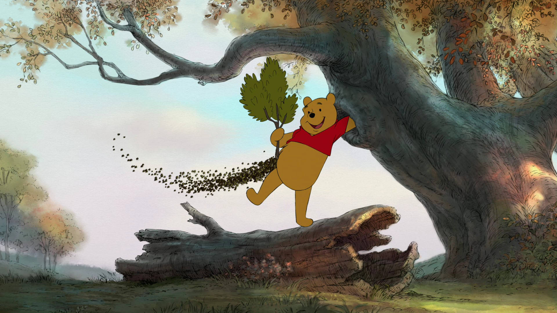 Cute Winnie The Pooh Holding A Branch Wallpaper