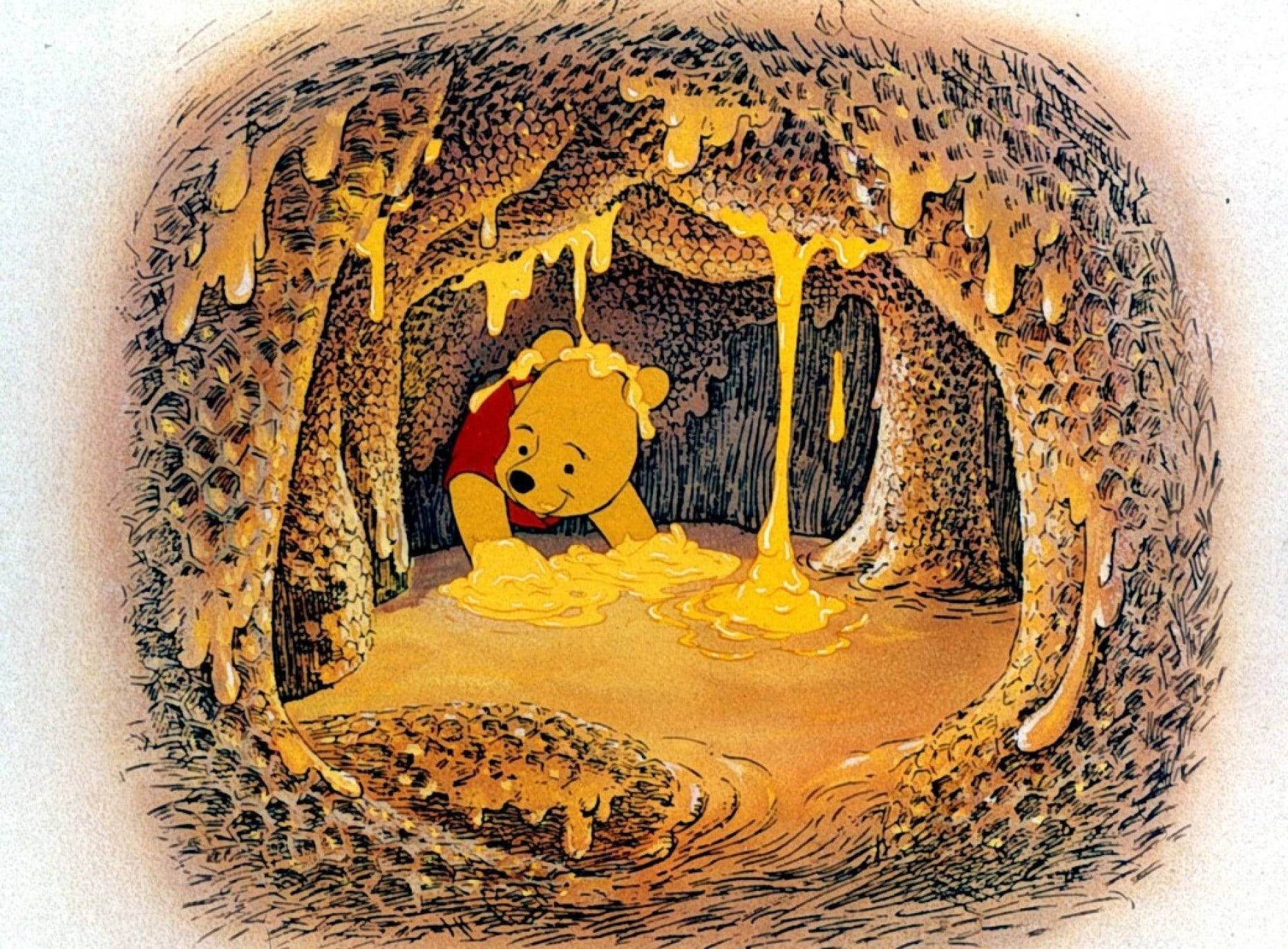 Cute Winnie The Pooh In Honeycomb Background