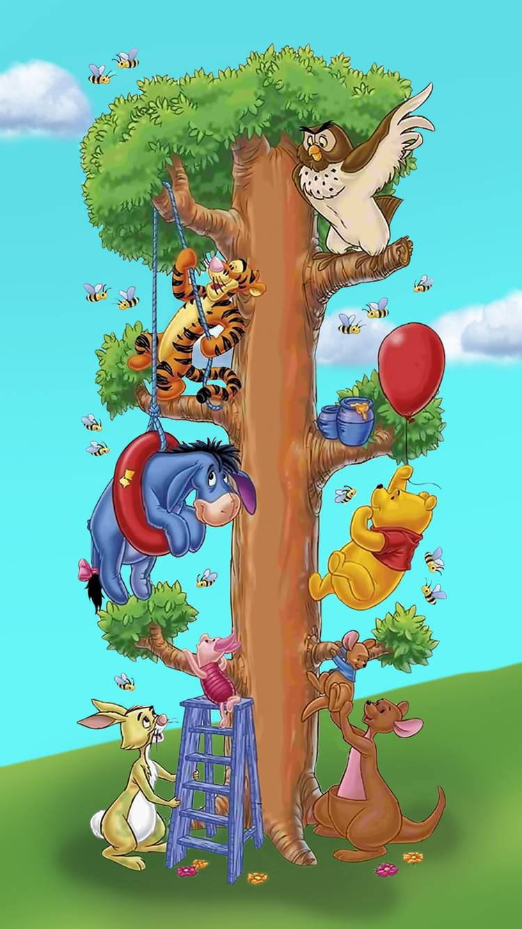 Sötwinnie The Pooh Iphone-karaktärer I Ett Träd. Wallpaper