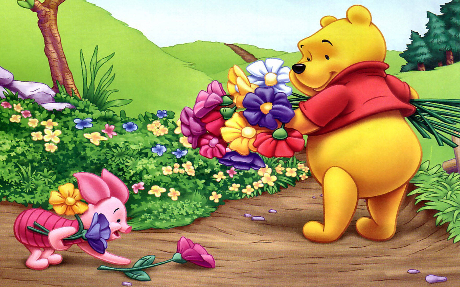 Cute Winnie The Pooh With Flowers Wallpaper