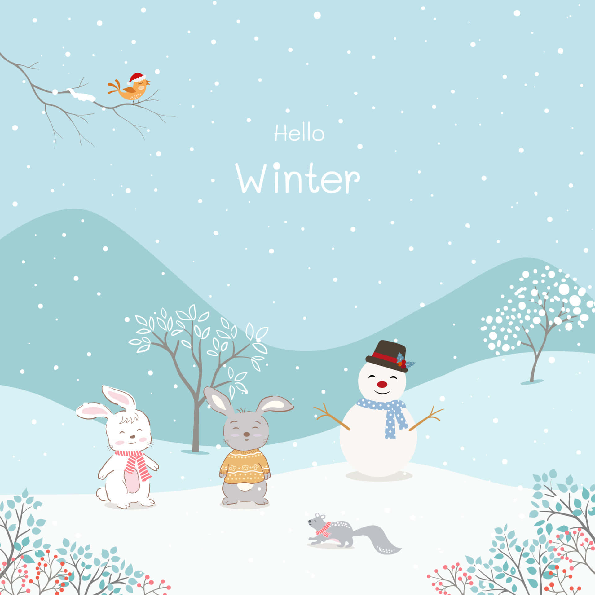 Cute Winter Rabbits Snowman Background
