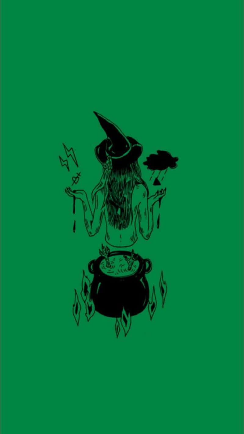 Cute Witchy Floating Above Cauldron Wallpaper