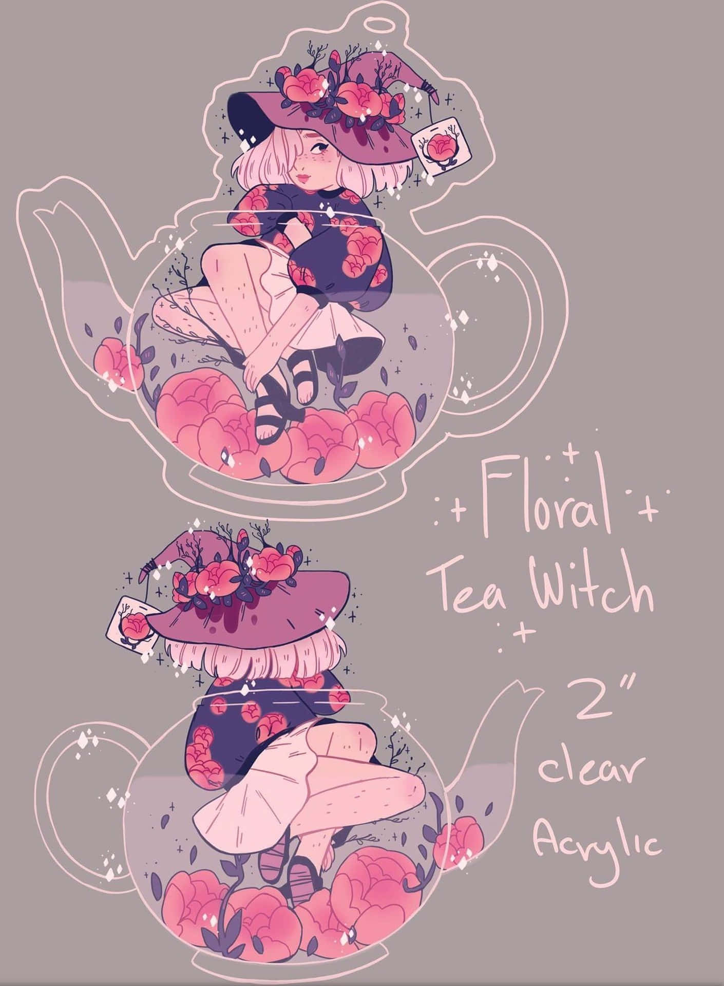 Preciosailustración De Una Brujita Floral Tomando Té. Fondo de pantalla