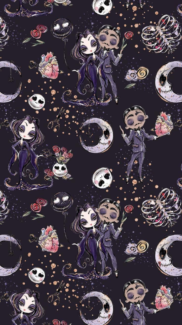 Sød Witchy Morticia Og Gomez Addams Tegneserie Tapet Wallpaper