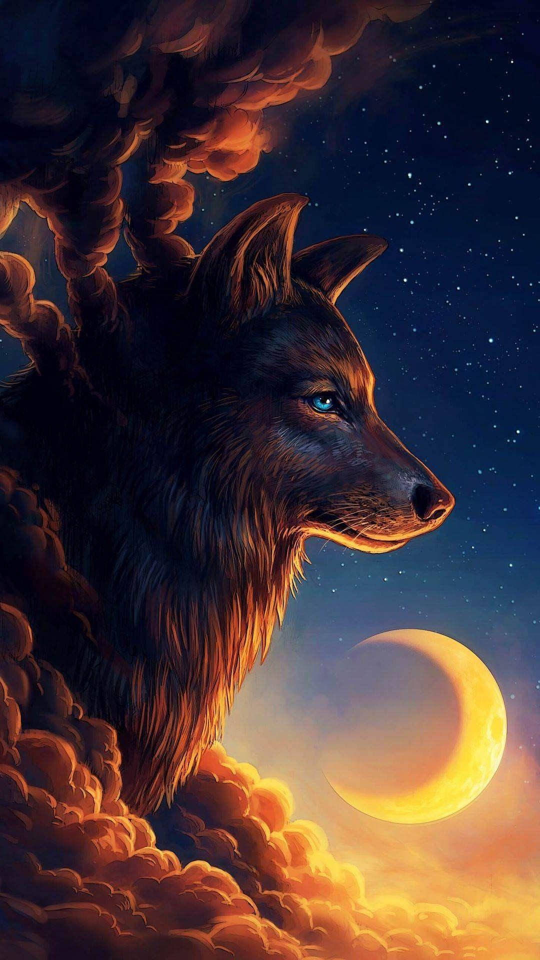 Cute Wolf Hd Crescent Moon Wallpaper