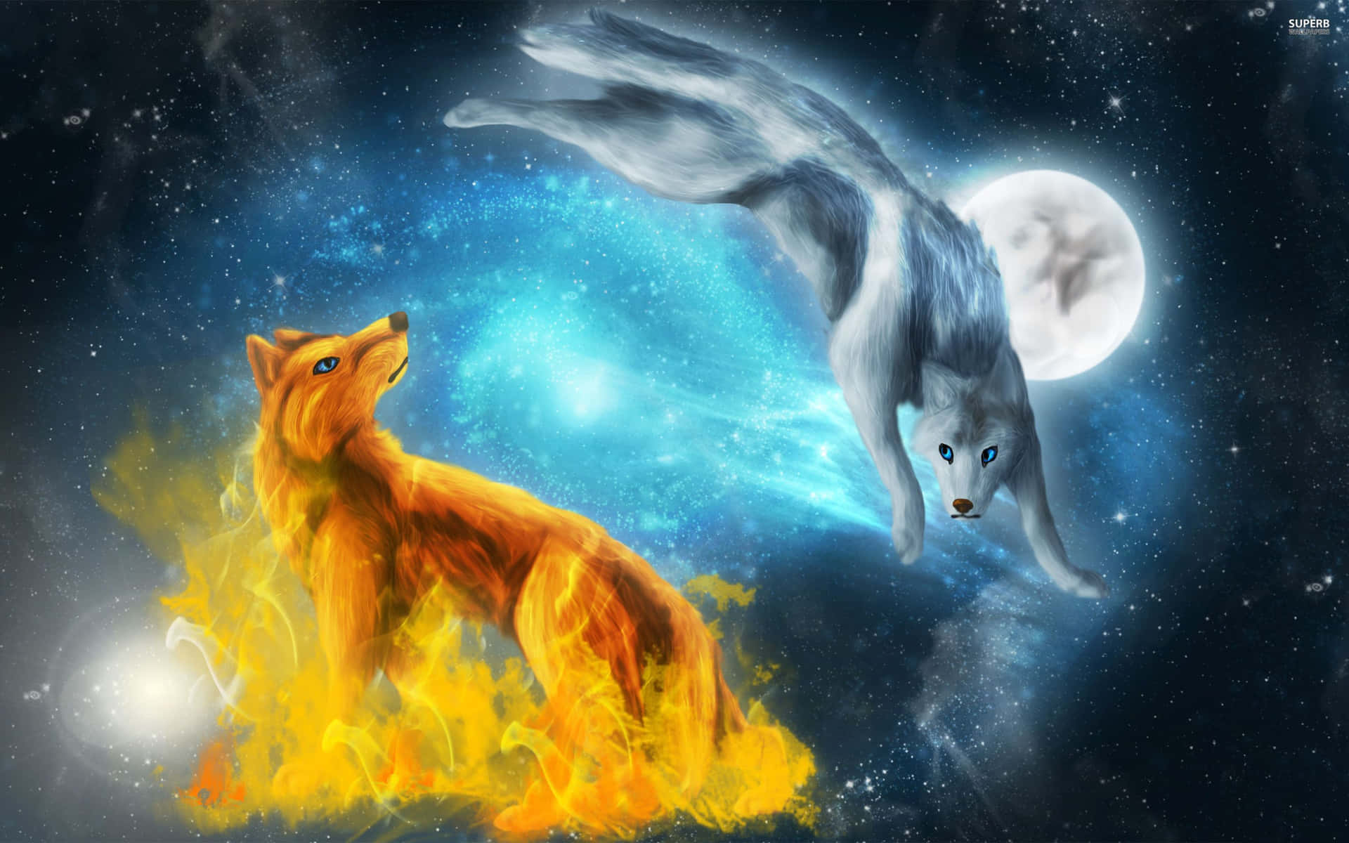 Cute Wolves Fighting With Moon Wallpaper
