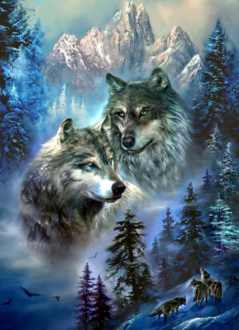 Cute Wolves With Pine Trees Wallpaper