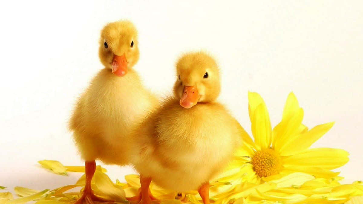 Two Ducklings Standing In Front Of Yellow Flowers Wallpaper
