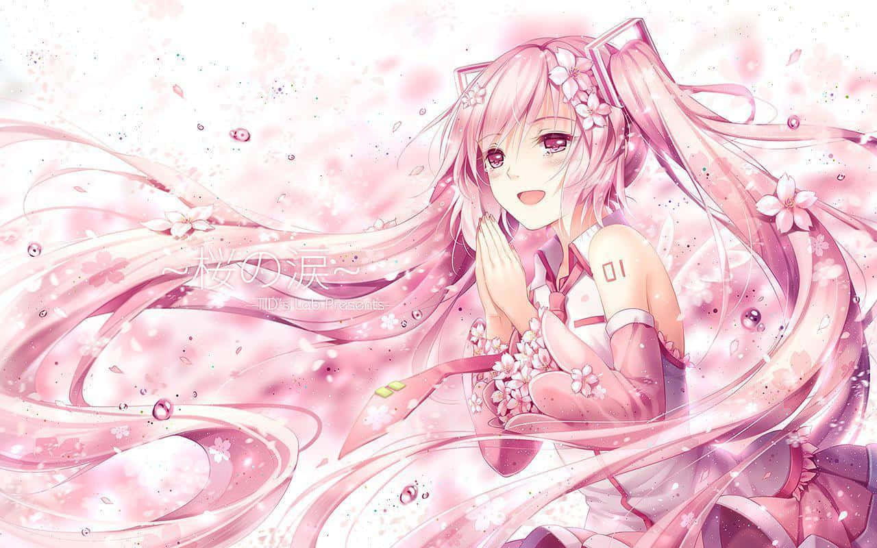 Cutecore Anime Girl Surroundedby Pink Ribbons Wallpaper