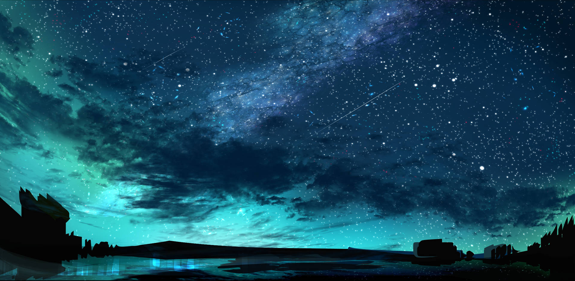 Cyan Scenery Anime Night Sky Wallpaper