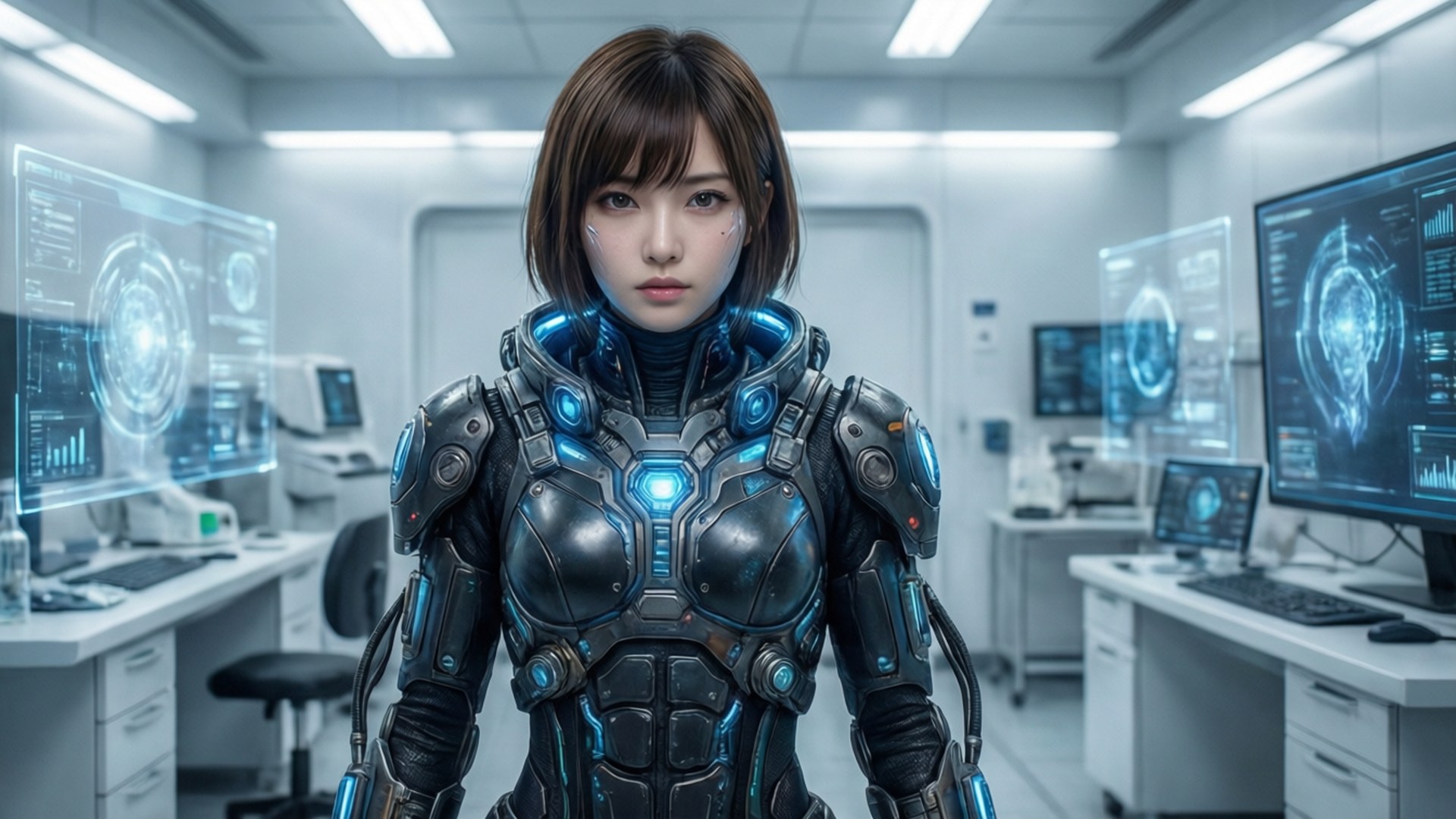 Rin Obami i en højteknologisk dragt med holografiske skærme, sci-fi-miljø.