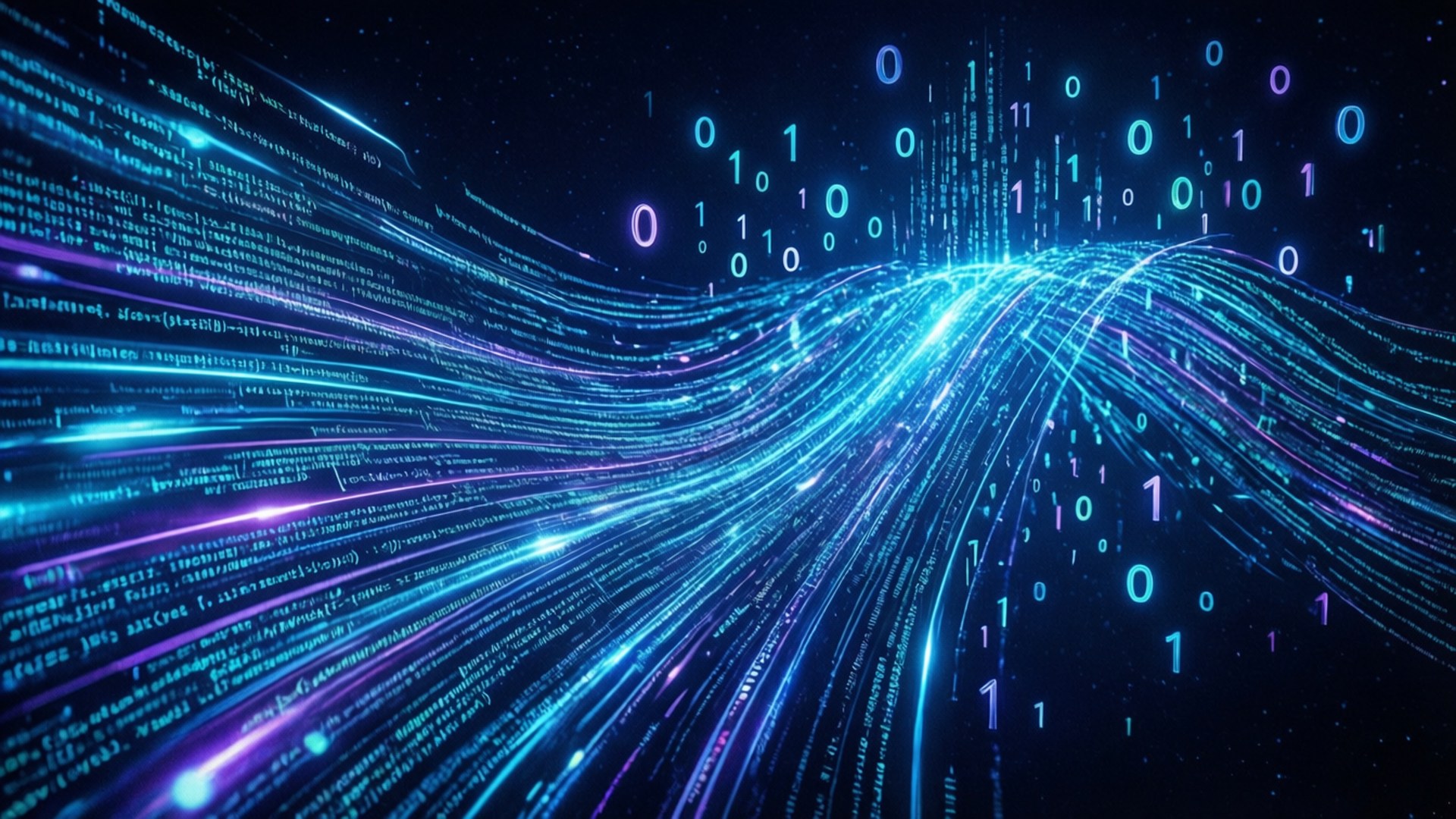 A dynamic wallpaper of glowing data streams and binary code in a dark cyberspace.