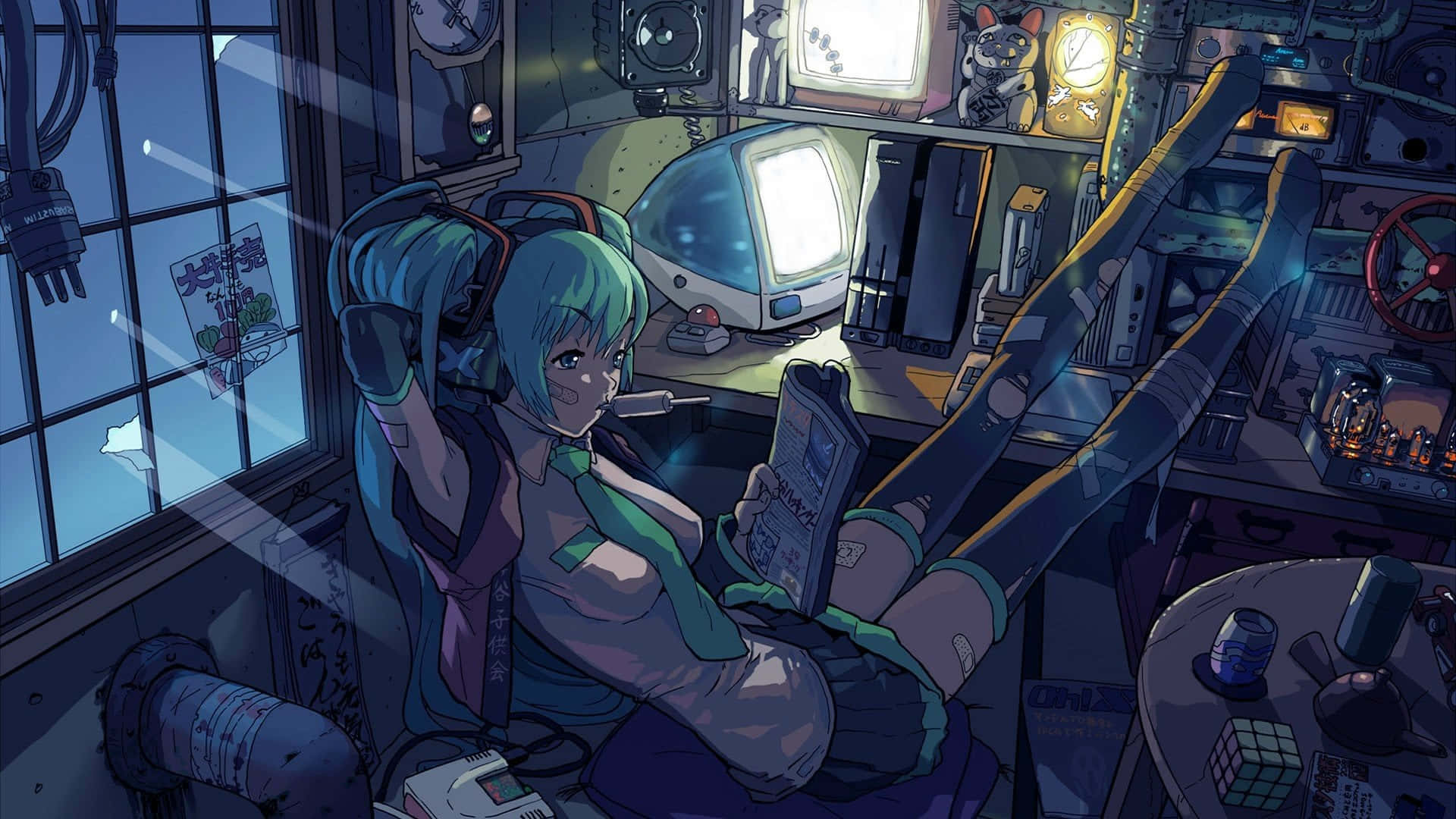Cyber Gamer Girlin Futuristic Room Wallpaper