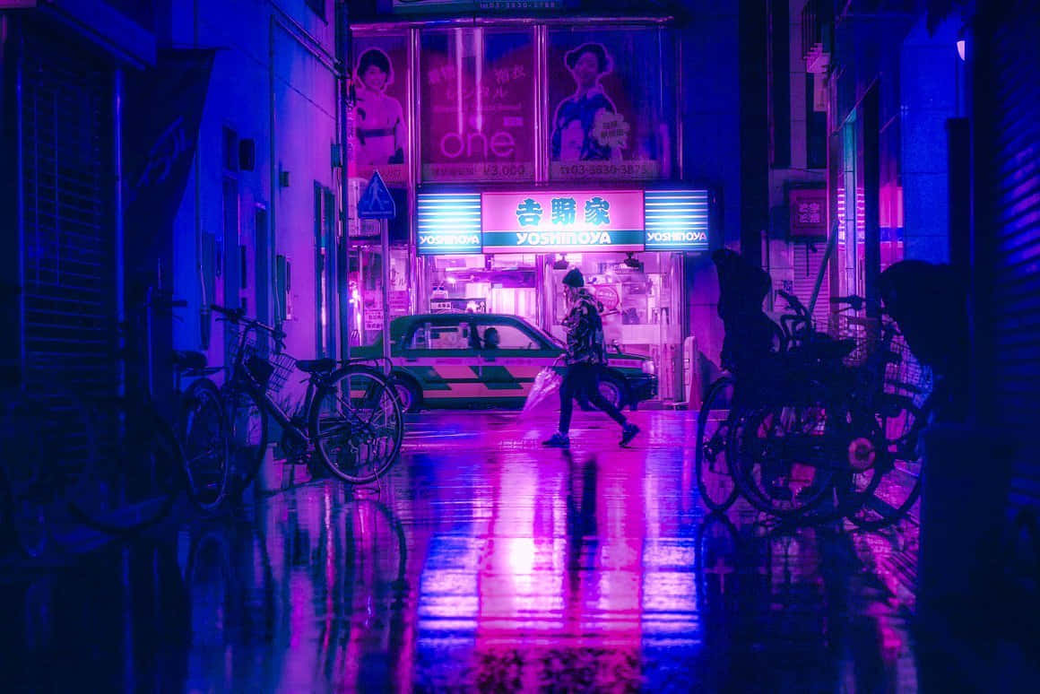 Cyber Purple Rainy Night Street Scene Wallpaper