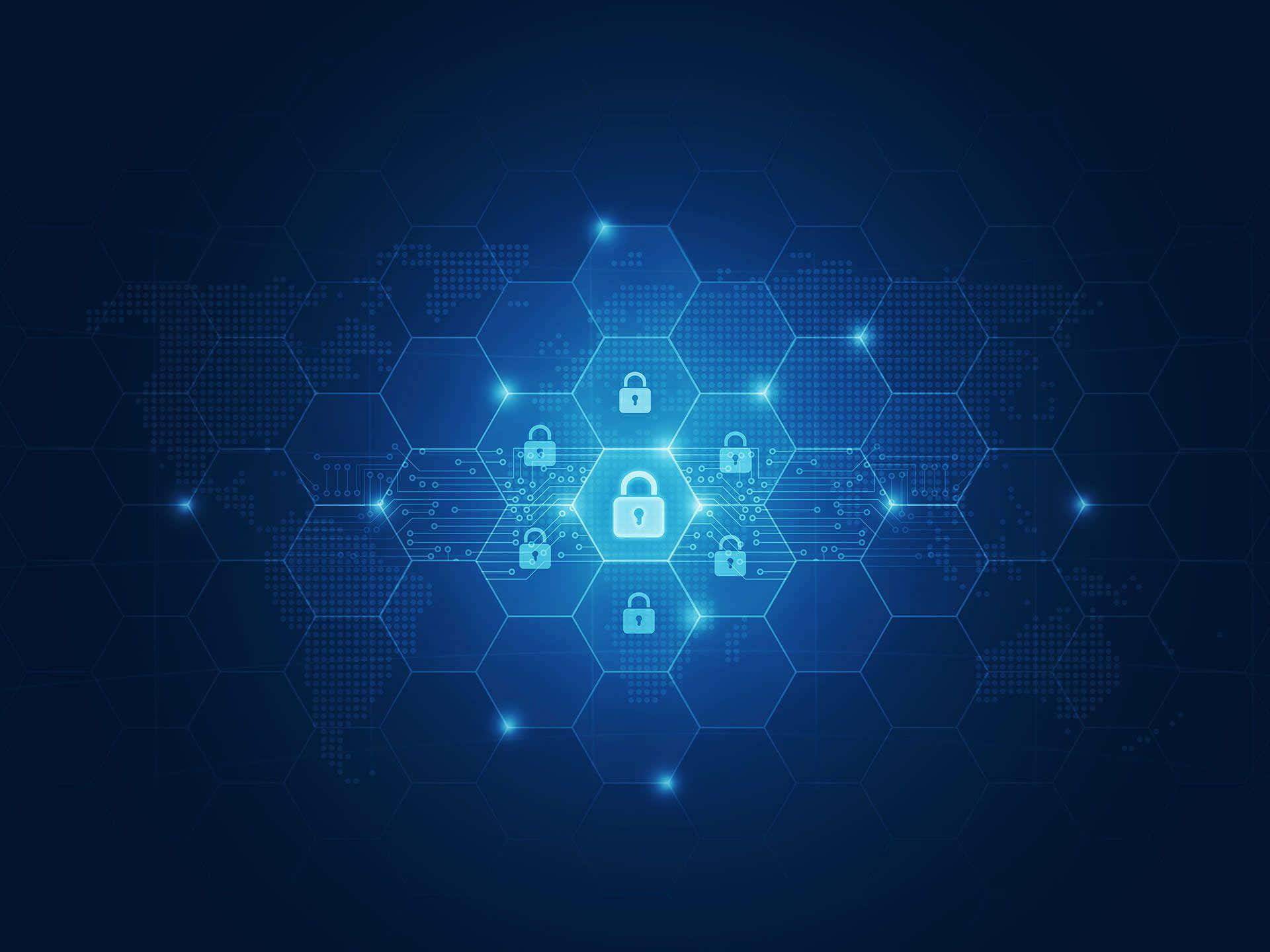 A Blue Background With A Lock And A Hexagonal Grid