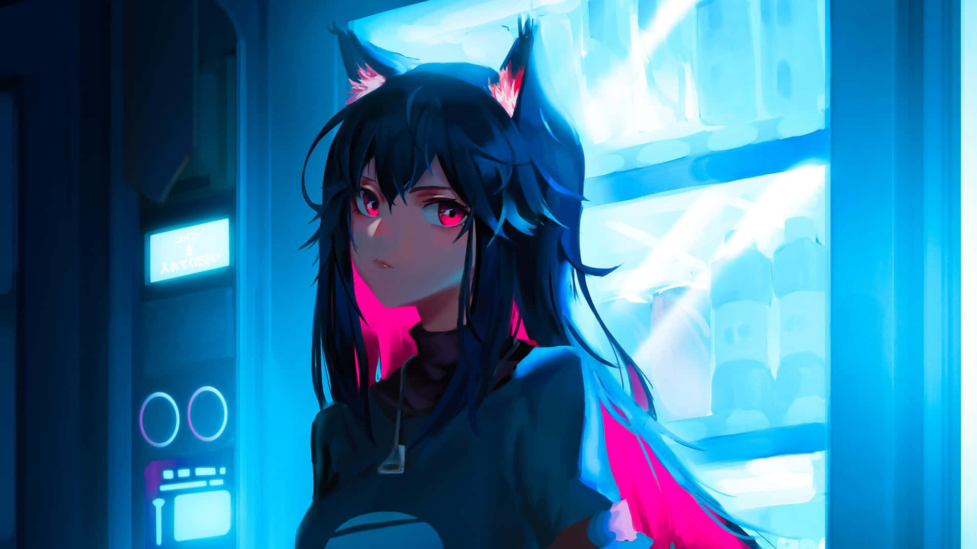 Cyber Y2 K Anime Girl Near Vending Machine Wallpaper