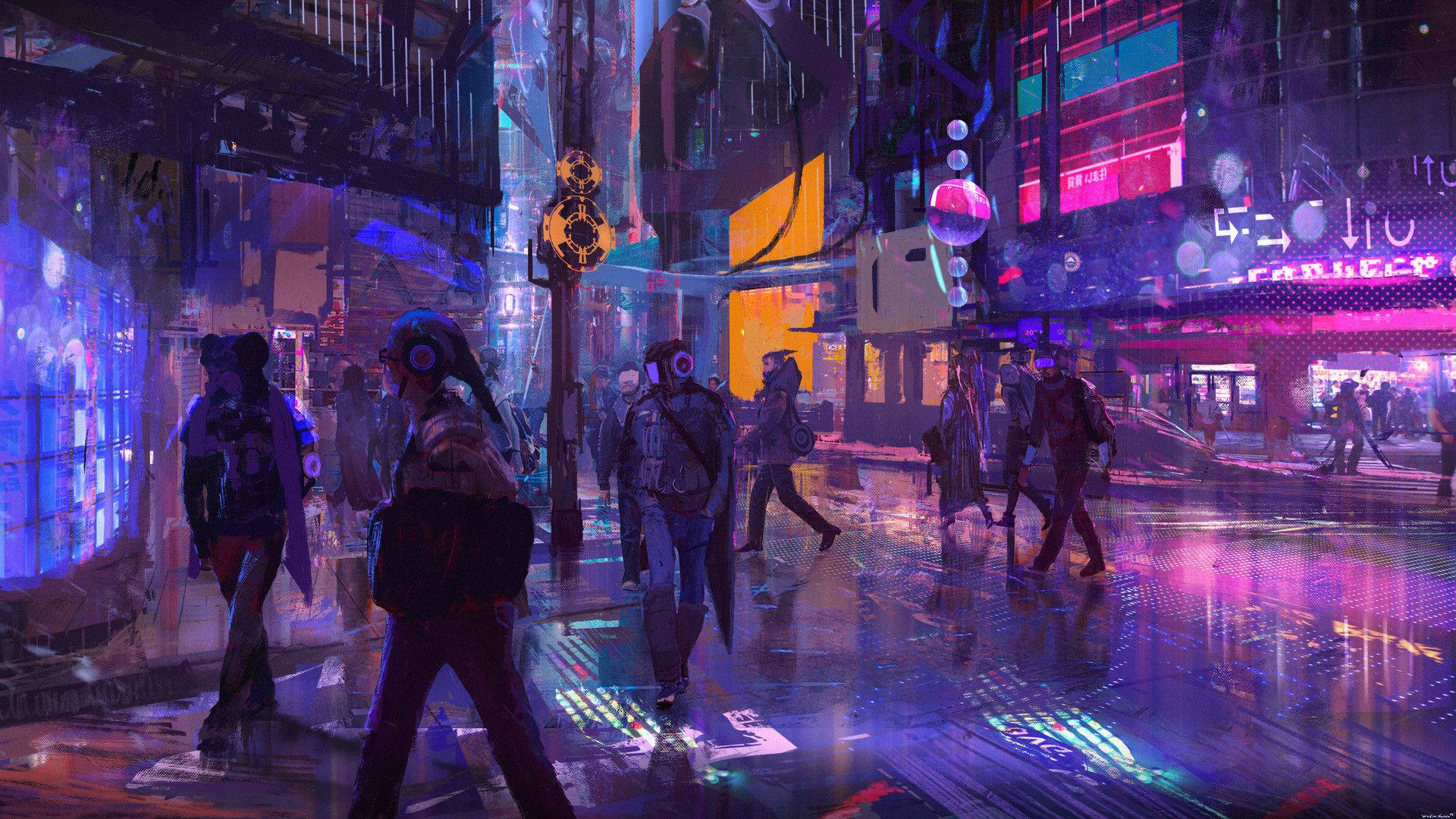 Cyberpunk 1920x1080 Colorful Street Digital Painting Wallpaper
