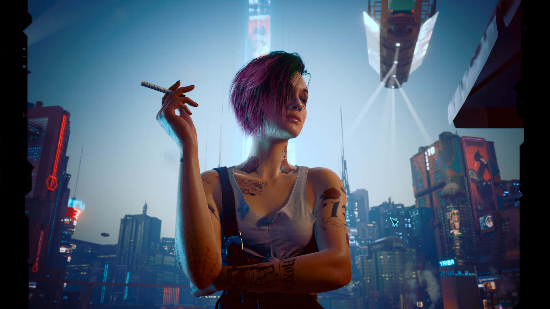 A dynamic ensemble of Cyberpunk 2077 characters wielding futuristic weapons and armor in a vibrant metropolis. Wallpaper