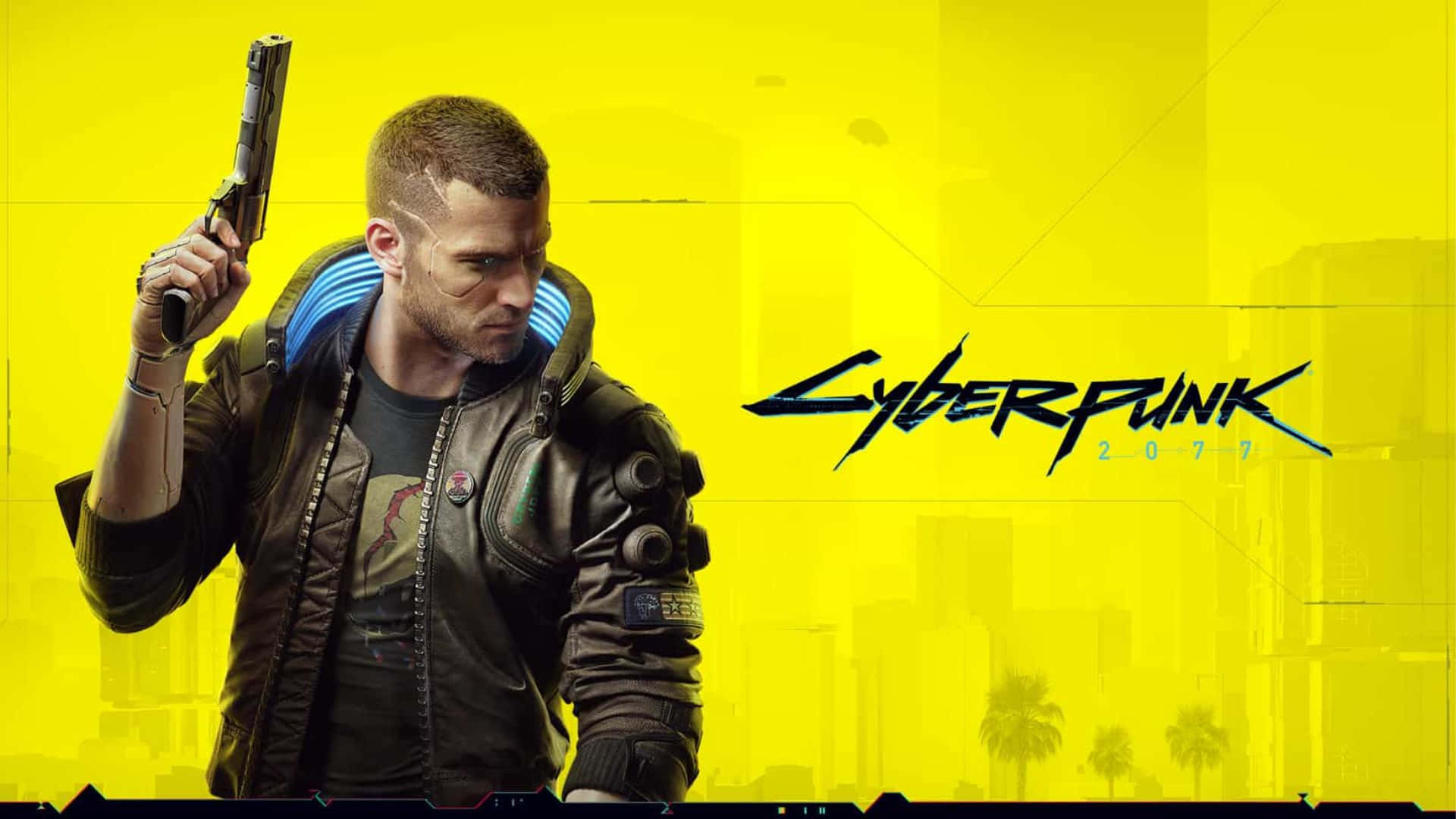 Action-packed scene featuring key characters from Cyberpunk 2077 Wallpaper