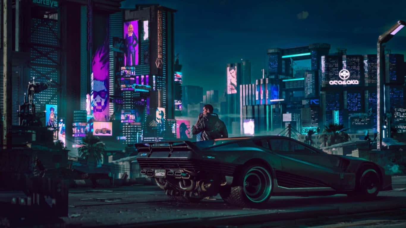 Esploragli Skyline Della Città Illuminata Al Neon Di Night City In Cyberpunk 2077. Sfondo