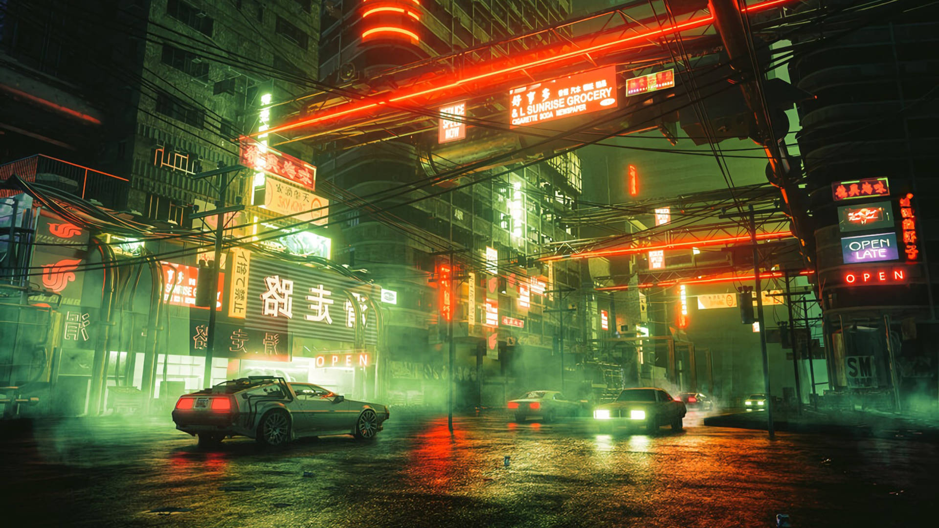A City With Neon Lights And Cars In The Background Wallpaper
