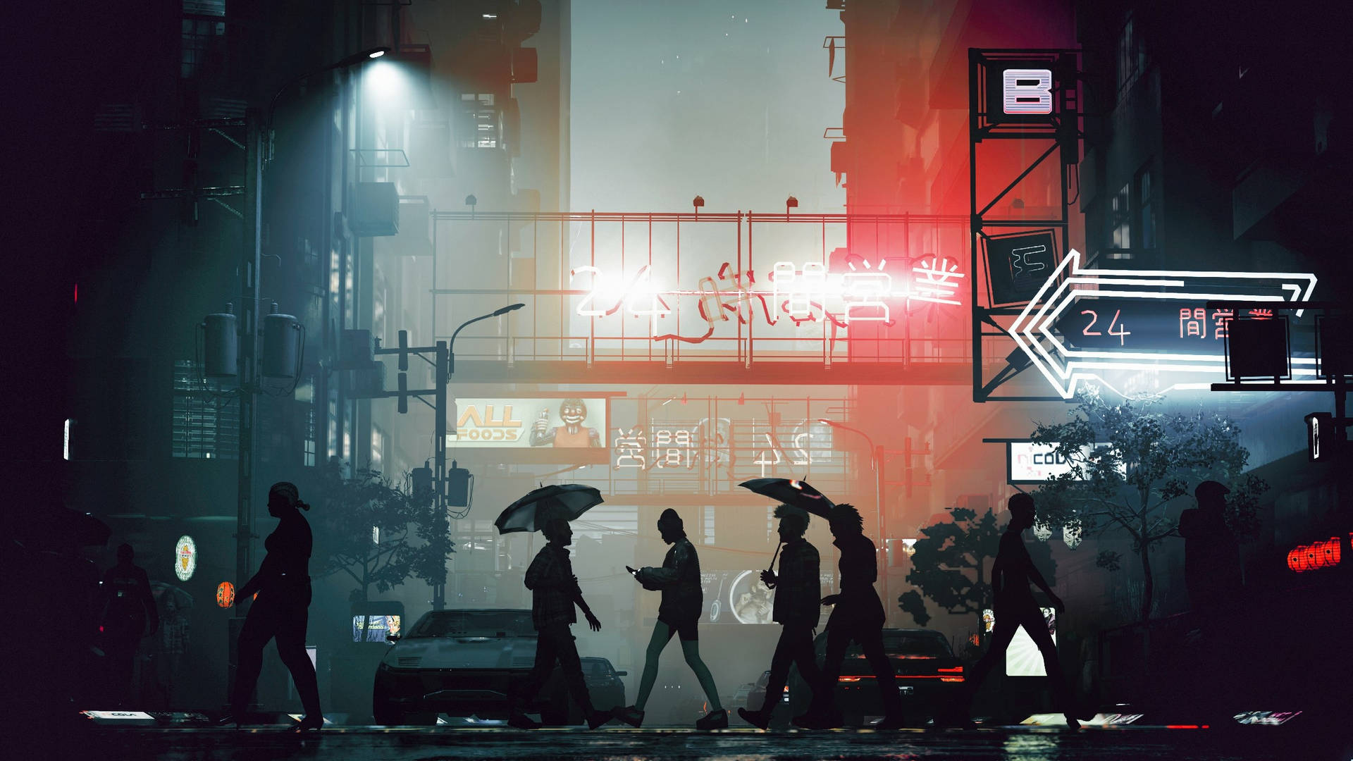 Futuristic Cyberpunk Street Scene Wallpaper